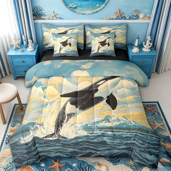 spefrowx Vintage Landscape Orca Queen Bedding for Kids, Snow Mountain Ocean Bedding Comforter Set Queen, Black Reversible, 7pcs
