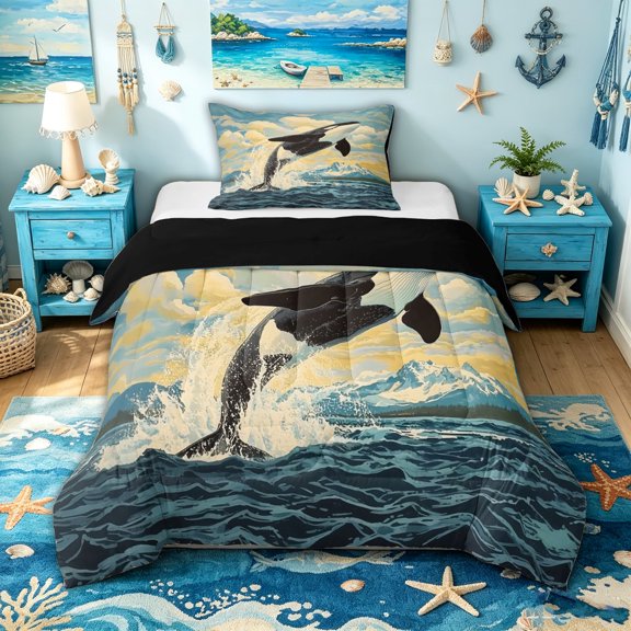 spefrowx Vintage Landscape Orca Twin Comforter Sets for Kids, Snow Mountain Ocean Bedding Set, Black Reversible, 2pcs, 1 Comforter and 1 Pillowcase