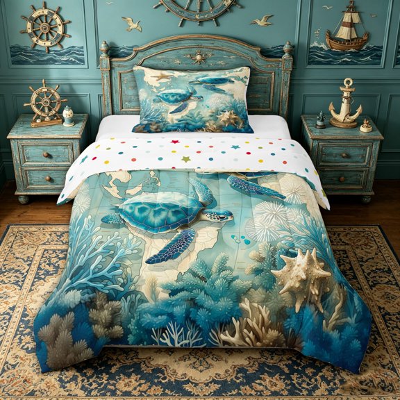 spefrowx Vintage Map Sea Turtle Twin Comforter Sets for Kids, Teal Watercolor Coral Starfish Bedding Set, Polka Dot Reversible, 2pcs, 1 Comforter and 1 Pillowcase