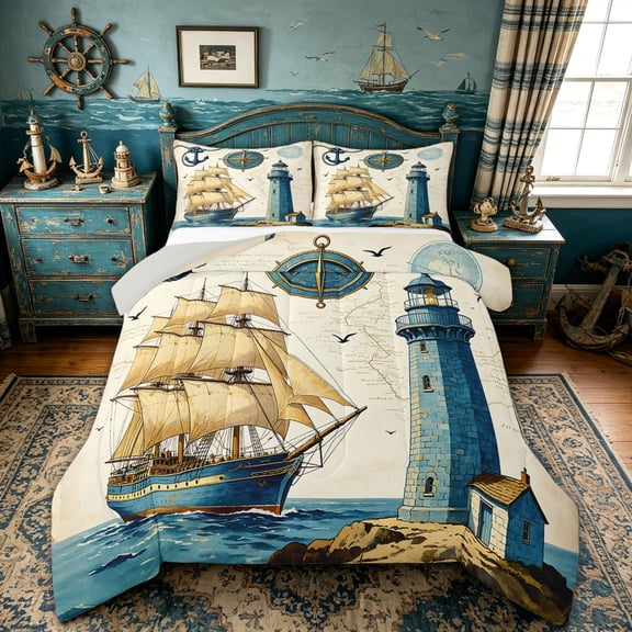 spefrowx Vintage Nautical Ship Queen Comforter Set for Boys, Blue Compass Lighthouse Anchor Comforter Sets Queen, Gray Reversible, 3-Piece, 1 Comforter and 2 Pillowcases