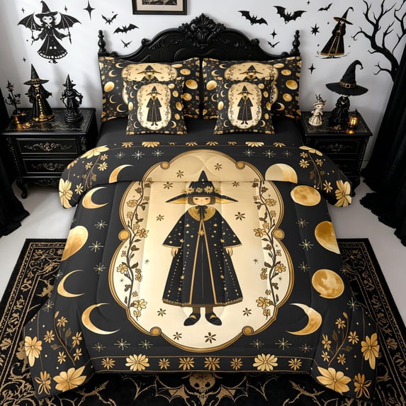 spefrowx Vintage Star Moon Witch Twin Bedding for Kids, Mandala Boho Floral Art Bedding Comforter Set, Black Reversible, 7-Piece