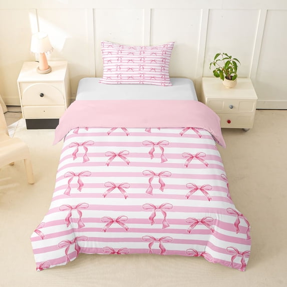 spefrowx Watercolor Art Bow Twin Duvet Cover for Girls, Pink White Stripe Twin Bedding, Pink Reversible, 2-Piece, 1 Duvet Cover and 1 Pillowcase