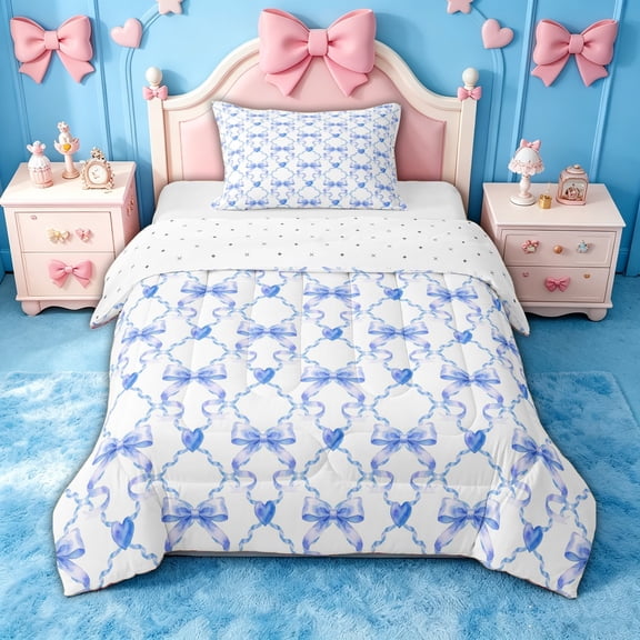 spefrowx Watercolor Blue Bow Twin Comforter Sets for Teens, Blue Stripe Line Bedding Set, Reversible, 2pcs, 1 Comforter and 1 Pillowcase