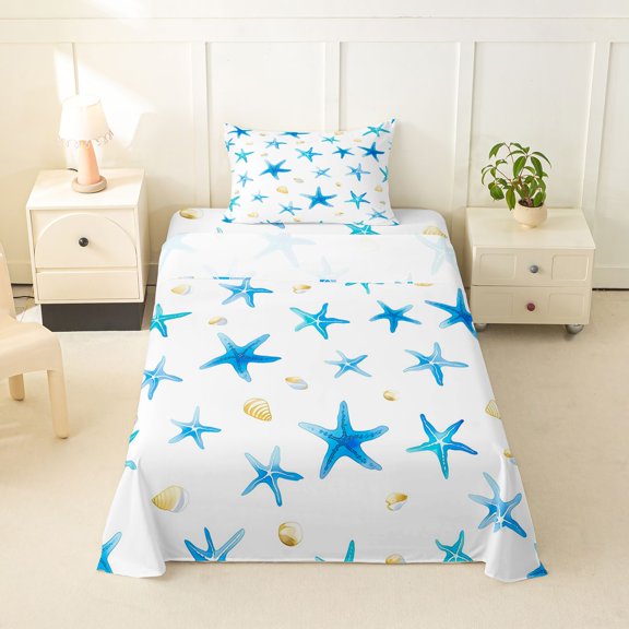 spefrowx Watercolor Blue Starfish Twin Sheets for Kids, Cartoon Ocean Shell Bedding, 3 Pieces, 1 Flat Sheet, 1 Fitted Sheet and 1 Pillowcase
