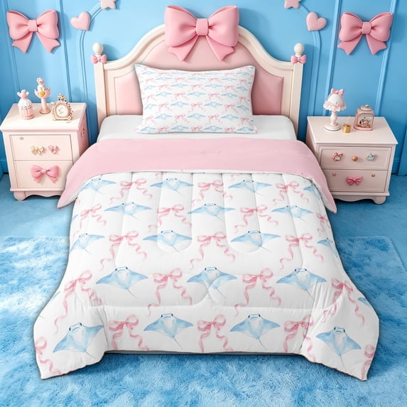 spefrowx Watercolor Blue Stingray Twin Comforter Sets for Kids, Pink Bow Ribbon Bedding Set, Pink Reversible, 2 Pieces, 1 Comforter and 1 Pillowcase