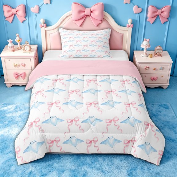 spefrowx Watercolor Blue Stingray Twin Comforter Sets for Kids, Pink Bow Ribbon Bedding Set, Pink Reversible, 2 Pieces, 1 Comforter and 1 Pillowcase