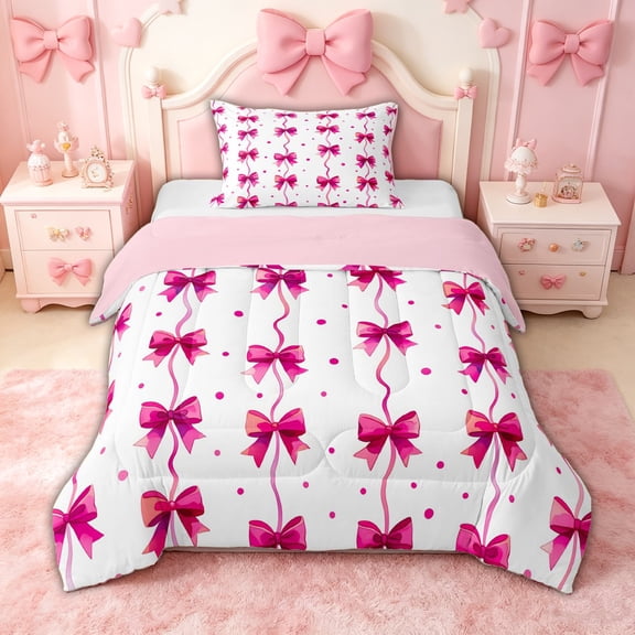 spefrowx Watercolor Bow Twin Comforter Sets for Girls, Pink Polka Dot Bedding Set, Pink Reversible, 2-Piece, 1 Comforter and 1 Pillowcase
