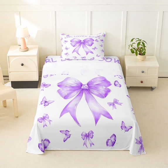 spefrowx Watercolor Butterfly Bow Twin Sheets for Teens, Purple Girl Love Bows Quote Bedding, 3 Pieces, 1 Flat Sheet, 1 Fitted Sheet and 1 Pillowcase