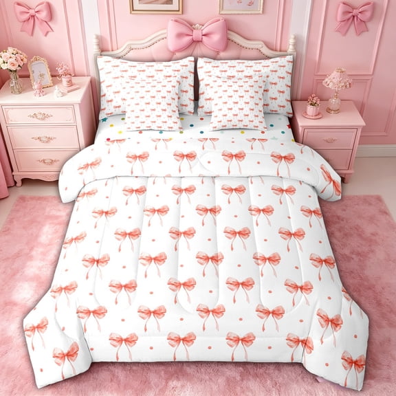 spefrowx Watercolor Coral Bow Twin Bedding for Kids, Cartoon Cycle Polka Dot Bedding Comforter Set, Polka Dot Reversible, 7 Pieces