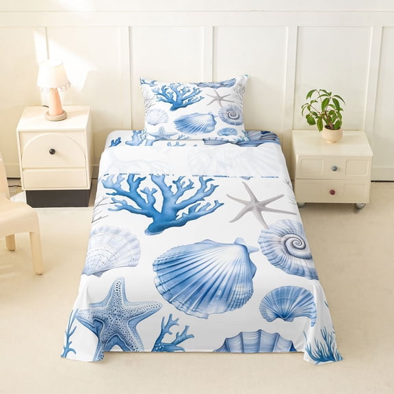 spefrowx Watercolor Coral Seashell Twin Sheets for Kids, Ink Blue Starfish Conch Bedding, 3 Pieces, 1 Flat Sheet, 1 Fitted Sheet and 1 Pillowcase