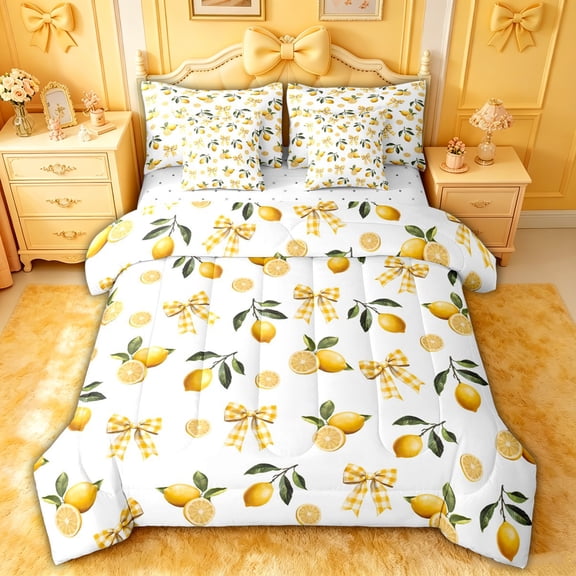spefrowx Watercolor Lemon Bow Twin Bedding for Girls, Yellow Fruit Checkered Ribbon Bedding Comforter Set, Reversible, 7pcs