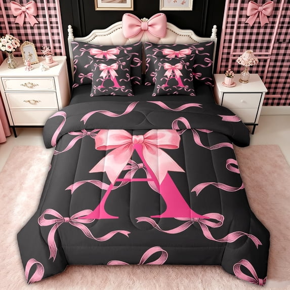 spefrowx Watercolor Letter A Bow Print King Bedding, Black Pink Princess Ribbon King Bed in a Bag, Black Reversible, 7-Piece