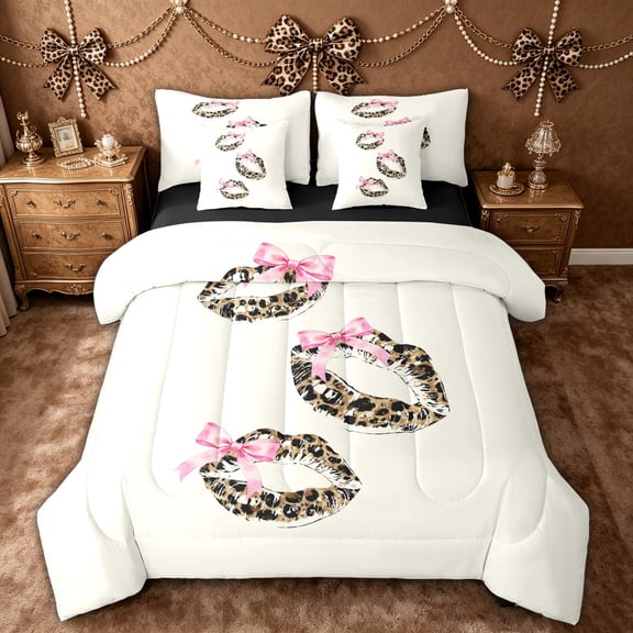 spefrowx Watercolor Lips Bow Twin Bedding for Girls, Pink Fashion Leopard Cheetah Print Bedding Comforter Set, Black Reversible, 7-Piece