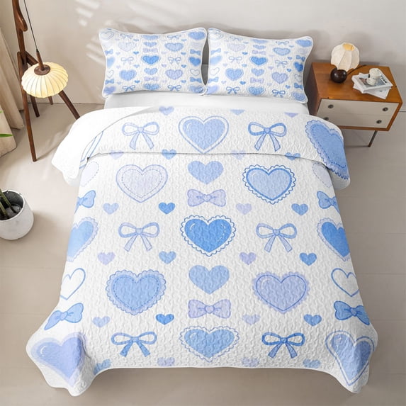 spefrowx Watercolor Love Heart Bed Spread Queen for Girls Boys, Blue Princess Bowknot Queen Coverlet Set, 3-Piece
