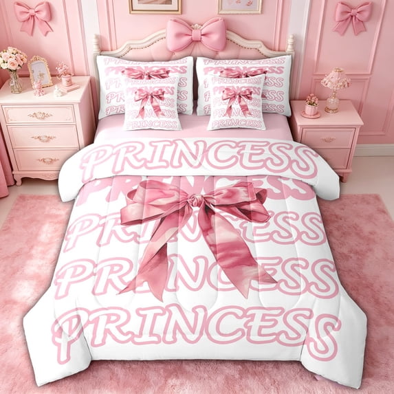 spefrowx Watercolor Pink Bow Full Size Bedding Sets for Girls, White Princess Lettering Full Size Bed in a Bag, Pink Reversible, 7-Piece