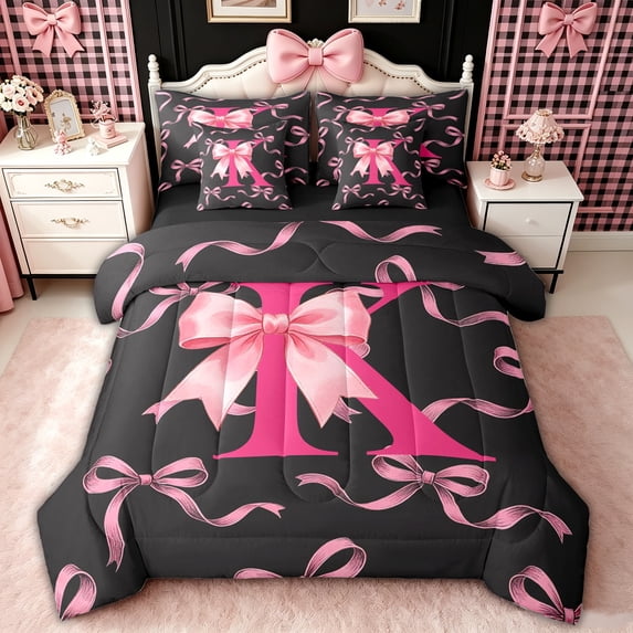 spefrowx Watercolor Pink Bow Print Twin Bedding, Black Monogram Letter K Bedding Comforter Set, Black Reversible, 7 Pieces