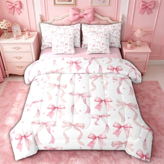 spefrowx Watercolor Pink Bow Twin Bedding for Girls, Kawaii Princess Style Bedding Comforter Set, Pink Reversible, 7-Piece