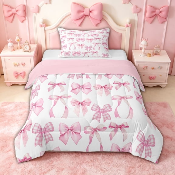 spefrowx Watercolor Pink Bow Twin Comforter Sets for Girls, Gingham Polka Dot Ribbon Bedding Set, Pink Reversible, 2 Pieces, 1 Comforter and 1 Pillowcase