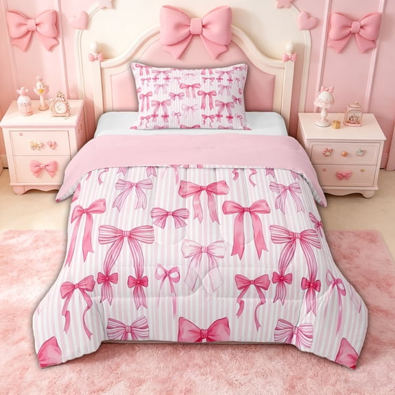 spefrowx Watercolor Pink Bow Twin Comforter Sets for Girls, Pink Stripe Lines Bedding Set, Pink Reversible, 2 Pieces, 1 Comforter and 1 Pillowcase