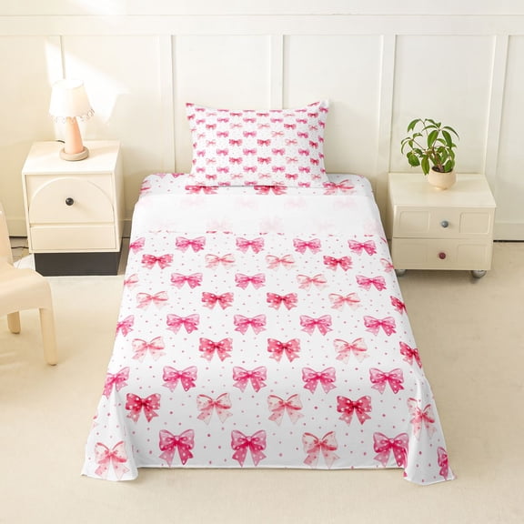 spefrowx Watercolor Pink Bow Twin Sheets for Teens, Cute Fairy Polka Dot Bedding, 3 Pieces, 1 Flat Sheet, 1 Fitted Sheet and 1 Pillowcase