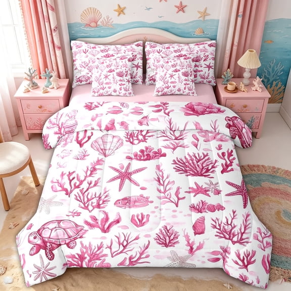 spefrowx Watercolor Pink Marine Turtle Full Size Bedding Sets for Girls, Marine Coral Seashell Full Size Bed in a Bag, Pink Reversible, 7 Pieces