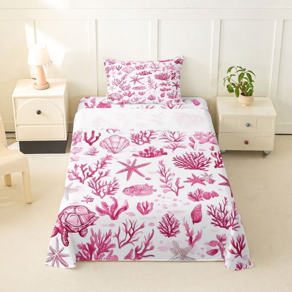 spefrowx Watercolor Pink Marine Turtle Twin Sheets for Girls, Marine Coral Seashell Bedding, 3 Pieces, 1 Flat Sheet, 1 Fitted Sheet and 1 Pillowcase