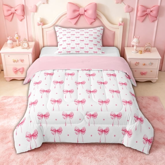 spefrowx Watercolor Pink Polka Dot Bow Twin Comforter Sets for Girls, Kawaii Cartoon Style Bedding Set, Pink Reversible, 2-Piece, 1 Comforter and 1 Pillowcase