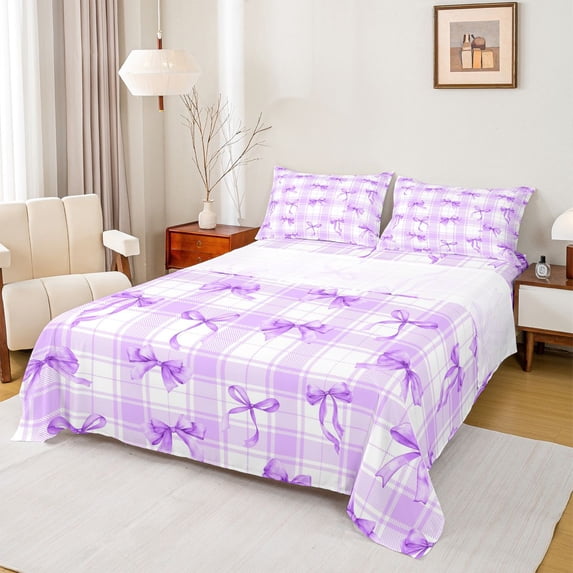 spefrowx Watercolor Princess Bow Bed Sheets for Kids, Purple Plaid Buffalo Full Size Sheets, 4-Piece, 1 Flat Sheet, 1 Fitted Sheet and 2 Pillowcases