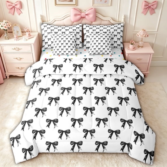 spefrowx Watercolor Princess Bow Queen Bedding for Teens, Monochrome Bowknot Bedding Comforter Set Queen, Polka Dot Reversible, 7pcs