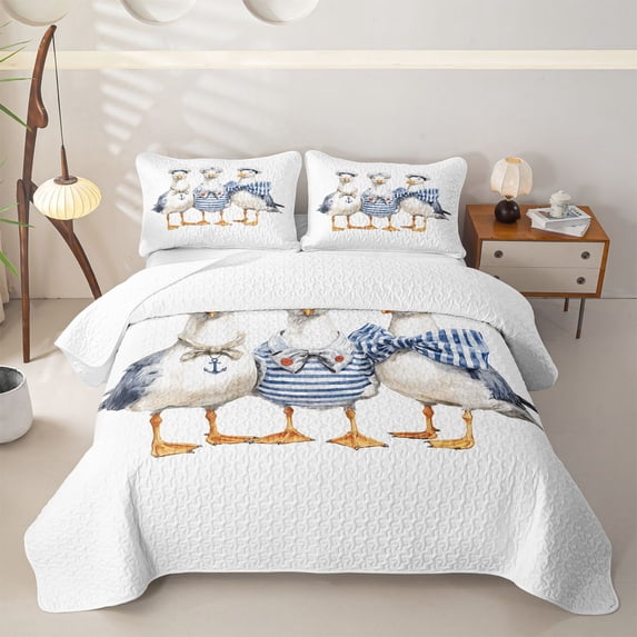spefrowx Watercolor Sailor Seagull Twin Quilt Set for Girls Boys, Blue Stripe Bow Coastal Bird Twin Coverlet Set, 2 Pieces