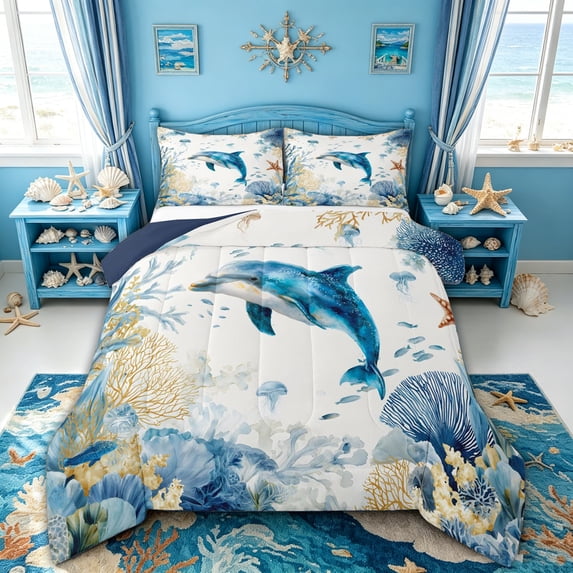 spefrowx Watercolor Sea Dolphin Full Size Comforter Sets for Kids, Blue Jellyfish Reef Bedding Comforter Set, Navy Reversible, 3pcs, 1 Comforter and 2 Pillowcases