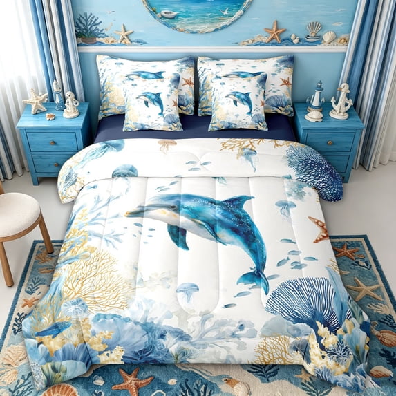 spefrowx Watercolor Sea Dolphin Twin Bedding for Kids, Blue Jellyfish Reef Bedding Comforter Set, Navy Reversible, 7pcs