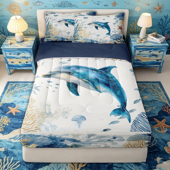 spefrowx Watercolor Sea Dolphin Zipper Queen Comforter Set with Fitted Sheet and 2 Pillowcases for Kids, Blue Jellyfish Reef Zipper Bedding Set, Navy Reversible, 4pcs