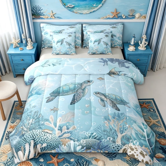 spefrowx Watercolor Sea Turtle Twin Bedding for Kids Boys Girls, Blue Coral Wildlife Bedding Comforter Set, Gray Reversible, 7-Piece