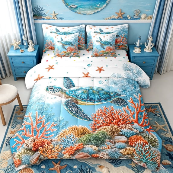 spefrowx Watercolor Sea Turtle Twin Bedding for Kids, Orange Reef Coral Starfish Bedding Comforter Set, Polka Dot Reversible, 7 Pieces