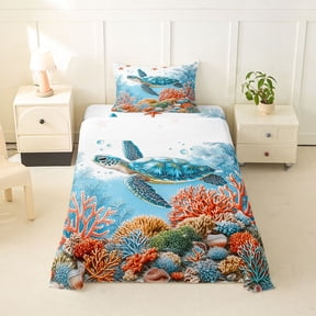 spefrowx Watercolor Sea Turtle Twin Sheets for Kids, Orange Reef Coral Starfish Bedding, 3 Pieces, 1 Flat Sheet, 1 Fitted Sheet and 1 Pillowcase