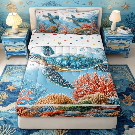 spefrowx Watercolor Sea Turtle Zipper Twin Comforter Sets with Fitted Sheet and 2 Pillowcases for Kids, Orange Reef Coral Starfish Zipper Bedding Set, Polka Dot Reversible, 4 Pieces