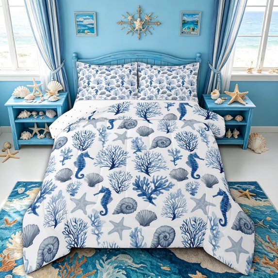 spefrowx Watercolor Seahorse Queen Comforter Set for Kids, Blue Coral Spiral Shell Comforter Sets Queen, Reversible, 3-Piece, 1 Comforter and 2 Pillowcases