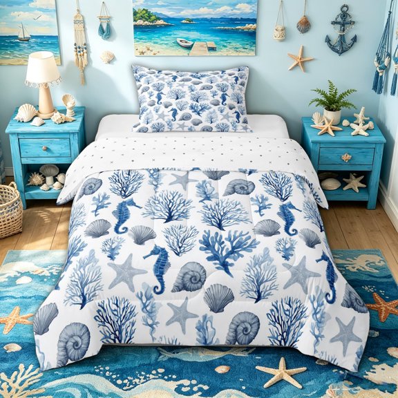 spefrowx Watercolor Seahorse Twin Comforter Sets for Kids, Blue Coral Spiral Shell Bedding Set, Reversible, 2-Piece, 1 Comforter and 1 Pillowcase