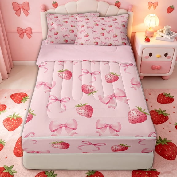 spefrowx Watercolor Strawberry Bow Print Zipper Twin Comforter Sets with Fitted Sheet and 2 Pillowcases for Teens, Blush Pink Fruit Zipper Bedding Set, Pink Reversible, 4-Piece