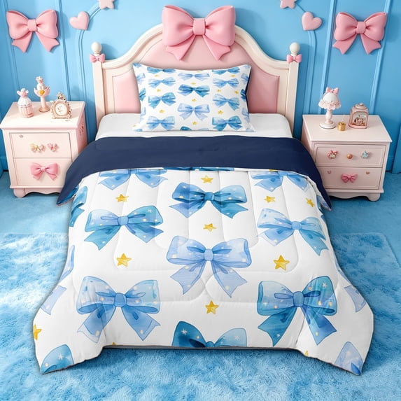 spefrowx Watercolor Style Blue Bow Twin Comforter Sets for Girls, Gold Star Print Bedding Set, Navy Reversible, 2 Pieces, 1 Comforter and 1 Pillowcase
