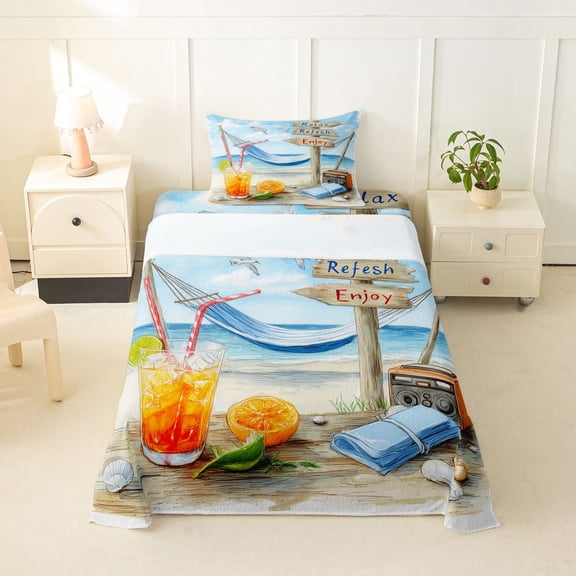 spefrowx Watercolor Wooden Signpost Twin Sheets for Kids, Hammock Cocktail Seabird Bedding, 3pcs, 1 Flat Sheet, 1 Fitted Sheet and 1 Pillowcase