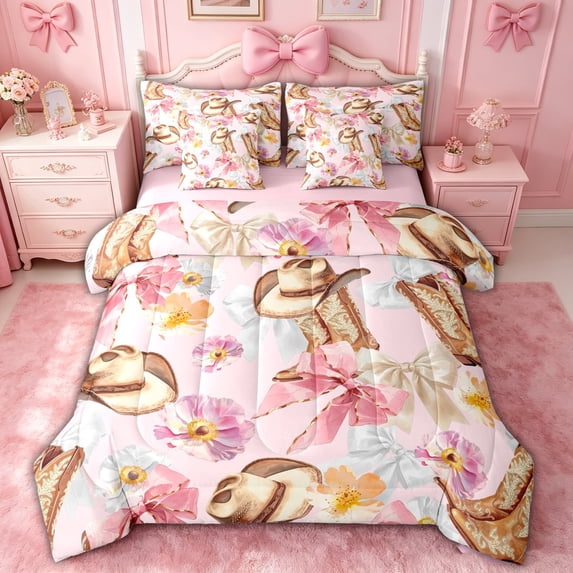 spefrowx Western Cowboy Print Queen Bedding for Girls, Pink Bow Floral Cowgirl Bedding Comforter Set Queen, Pink Reversible, 7-Piece