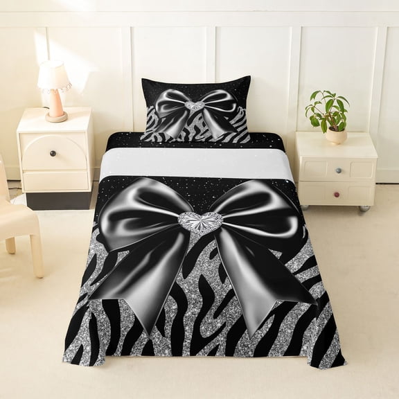 spefrowx Zebra Silver Bow Print Twin Sheets for Women, Black Starry Sky Bedding, 3 Pieces, 1 Flat Sheet, 1 Fitted Sheet and 1 Pillowcase