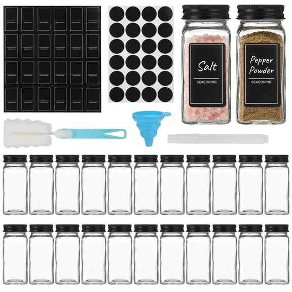 24-Pack 4 fl oz Square Glass Spice Jars with 24 Shaker Inserts, Airtight Lids, and Comprehensive Label Set, Empty Spice Containers for Organized Kitchen Storage and Seasoning