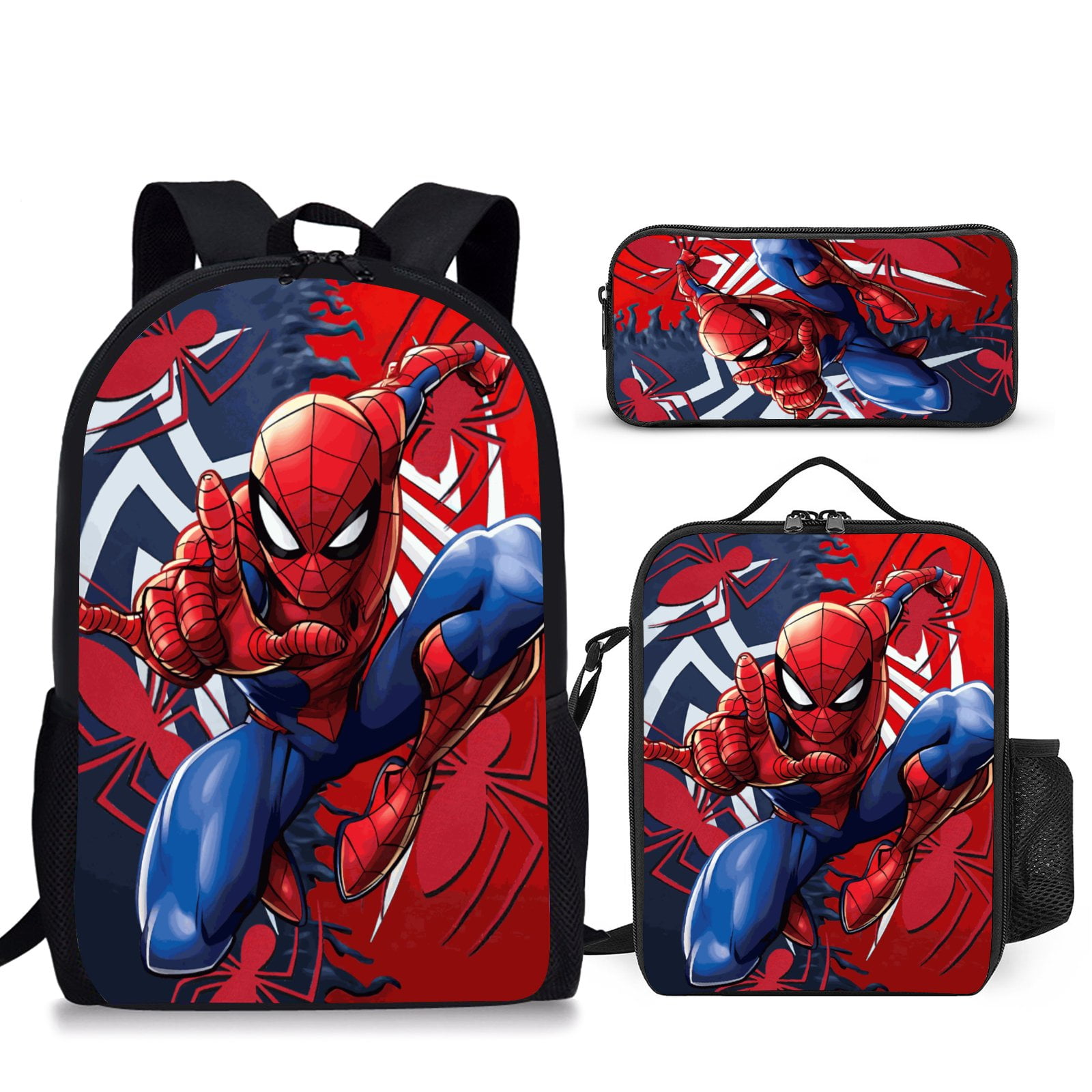 spiderman Comic Backpack Set Waterproof Lightweight Cartoon Causal Bag with Insulated Lunch Bag Tote and Pencil Case Travel Hiking