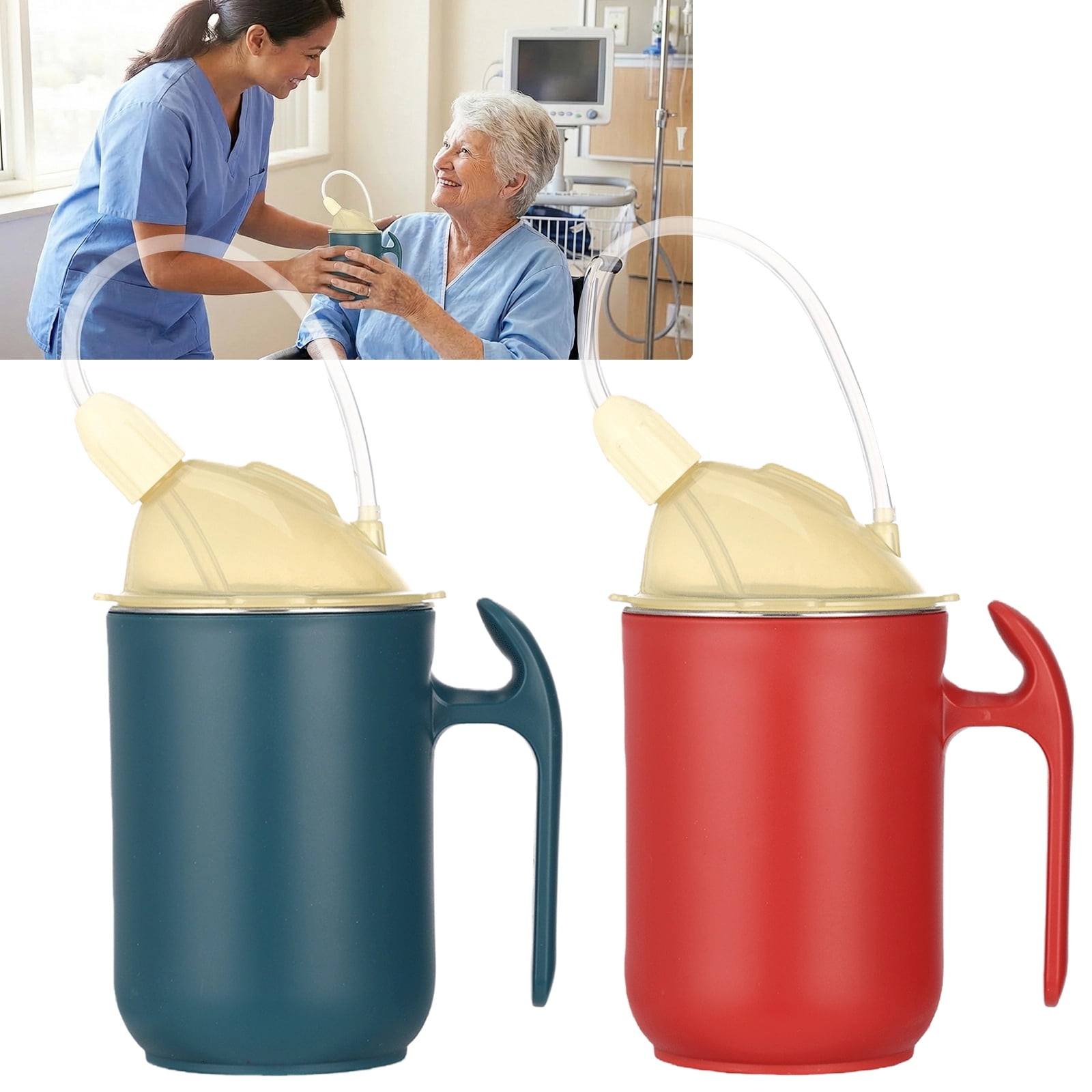 2 Pcs Elderly Sippy Cups, 13.5 fl oz Adult Sippy Cups with Straw, Double Lids, Spill Proof Cup for Bedridden Elderly, Caregiver Assistance (Deep Red+Deep Blue)