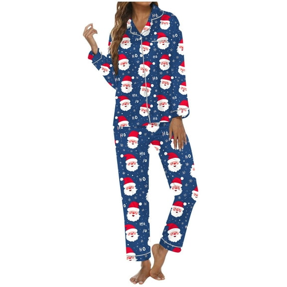split short pajama sets with pockets for women side pocket sleep shorts Women's Christmas Santa Print Button Pocket Long Sleeve Trousers Home Pajama Set