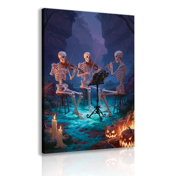 A spooky and fantastical Halloween canvas frame depicting three skulls playing the violin and flute, perfect for living rooms, game rooms, and gothic dark holiday decor.