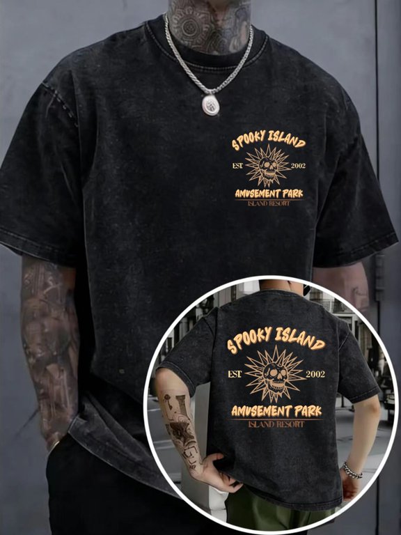 spooky island themed t shirt vintage washed short sleeve fun skull print double sided print personalized front and back print design round neck casual mens fashion t